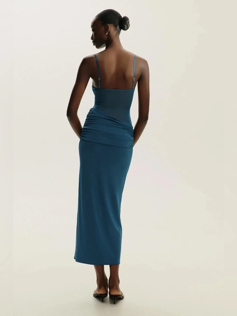 Zara Combination Blue Tulle Long Dress Draped Mesh Midi Size M